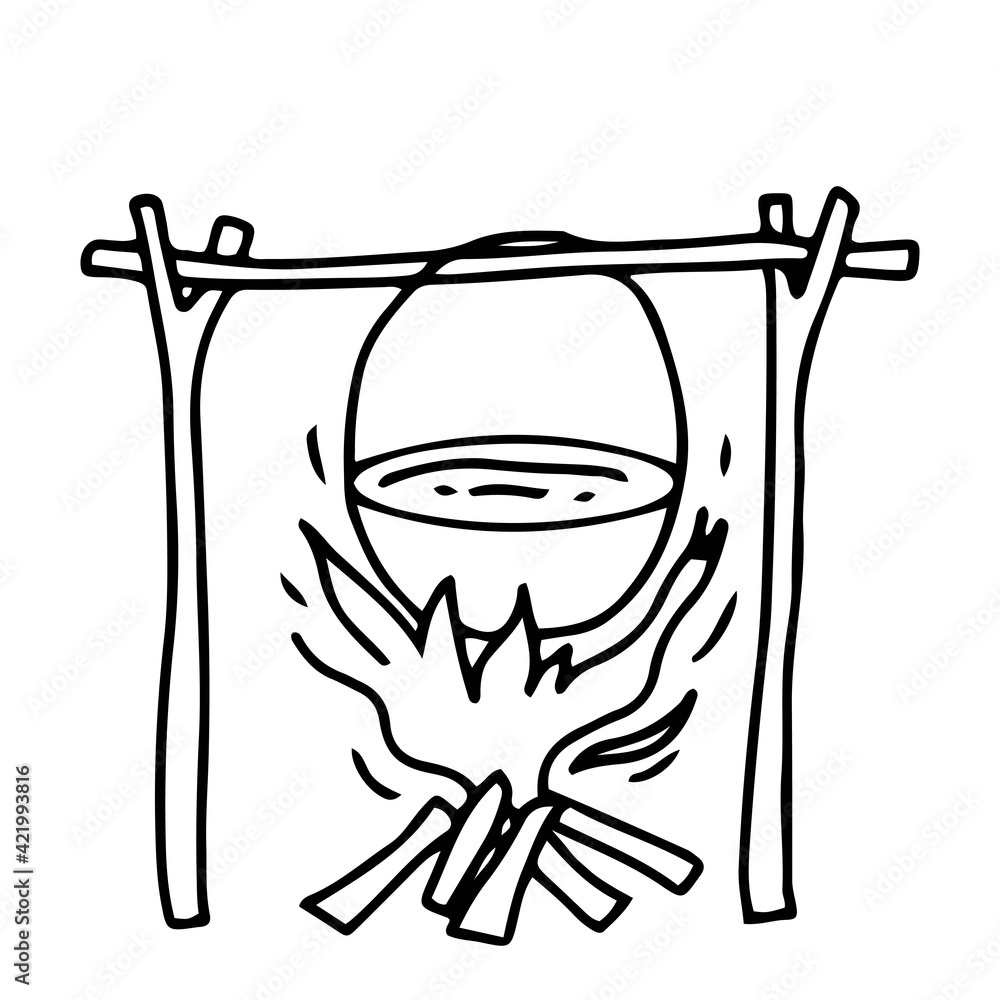 Pot of soup. Wooden device for hanging dishes over a fire. Drawn in doodle style by outline. Camping, travel. Camping food in the cauldron. Vector illustration. Pot of soup. Wooden device for hanging dishes over a fire. Drawn in doodle style by outline. Camping, travel. Camping food in the cauldron. Vector illustration.
