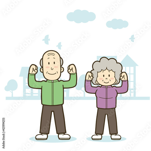 運動する元気なシニア世代の夫婦のイラスト