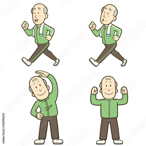 運動する元気なシニア男性のイラストセット