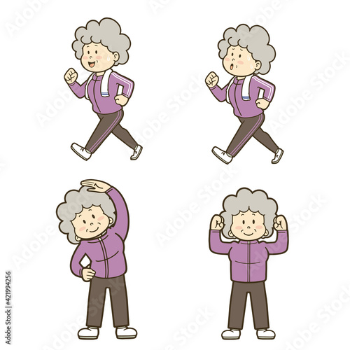 運動する元気なシニア女性のイラストセット