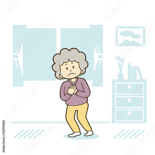 室内で苦しそうに胸を押さえるシニア女性のイラスト