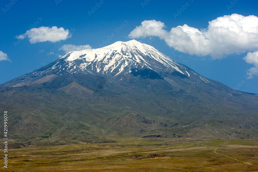 A snow capped view of Mt Ararat on a sunny morning near the city of Dogubayazit in the far east border region of Turkey. 