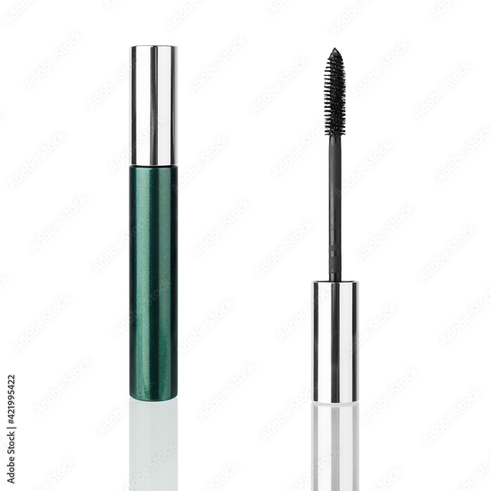Closed mascara tube and brush white background mirror reflection isolated closeup, eye mascara container, eyelash applicator stick, package box, eye lashes wand, beauty makeup accessory, cosmetics set Closed mascara tube and brush white background mirror reflection isolated closeup, eye mascara container, eyelash applicator stick, package box, eye lashes wand, beauty makeup accessory, cosmetics set