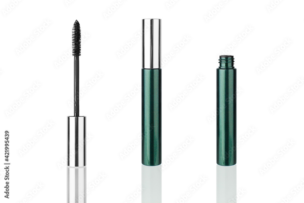Opened and closed mascara tube, brush white background mirror reflection isolated closeup, eye mascara container, eyelash applicator stick, package box, eye lashes wand, makeup accessory, cosmetic set Opened and closed mascara tube, brush white background mirror reflection isolated closeup, eye mascara container, eyelash applicator stick, package box, eye lashes wand, makeup accessory, cosmetic set