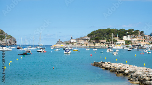 Spain. Majorca. Port of Soller. View of the yachts standing in the bay 