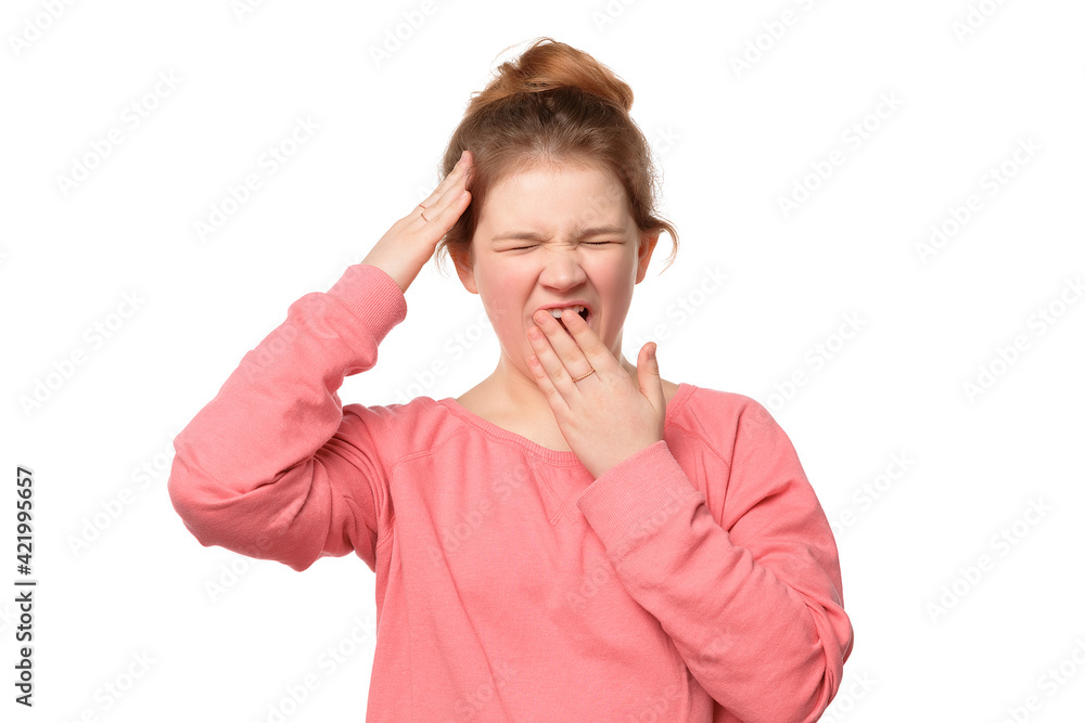 close up tired teen girl closed eyes cover mouth with hand yawning feels weak bored close up tired teen girl closed eyes cover mouth with hand yawning feels weak bored