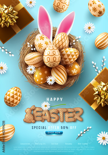 Easter Poster And Flyer Template with Easter eggs in the nest and Rabbit ears on bule background.Greetings and presents for Easter Day in flat lay styling.Promotion and shopping template for Easter