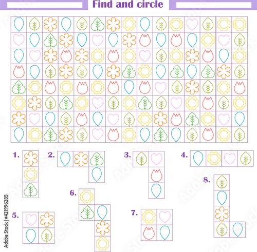  Logic game for children. Development of attention, thinking. Find and circle the fragments shown below