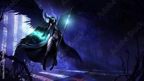 beautiful young girl, she is a black angel of death with a magic staff in her hands, barefoot hovering in the middle of an abandoned Gothic temple overgrown with thorny plants. Her eyes glow.