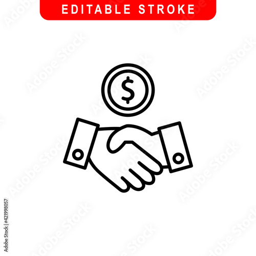 Hand Shake Money Deal Outline Icon. Hand Shake Money Deal Line Art Logo. Vector Illustration. Isolated on White Background. Editable Stroke