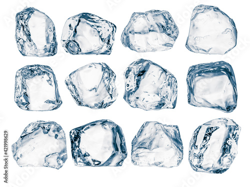 Set of peaces of pure natural crushed ice. Ice cubes, isolated on white background.