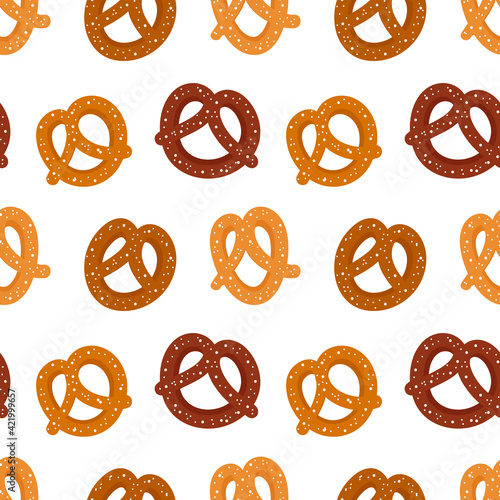 Various cartoon style pretzel, knot-shaped baked pastry vector seamless pattern background.
