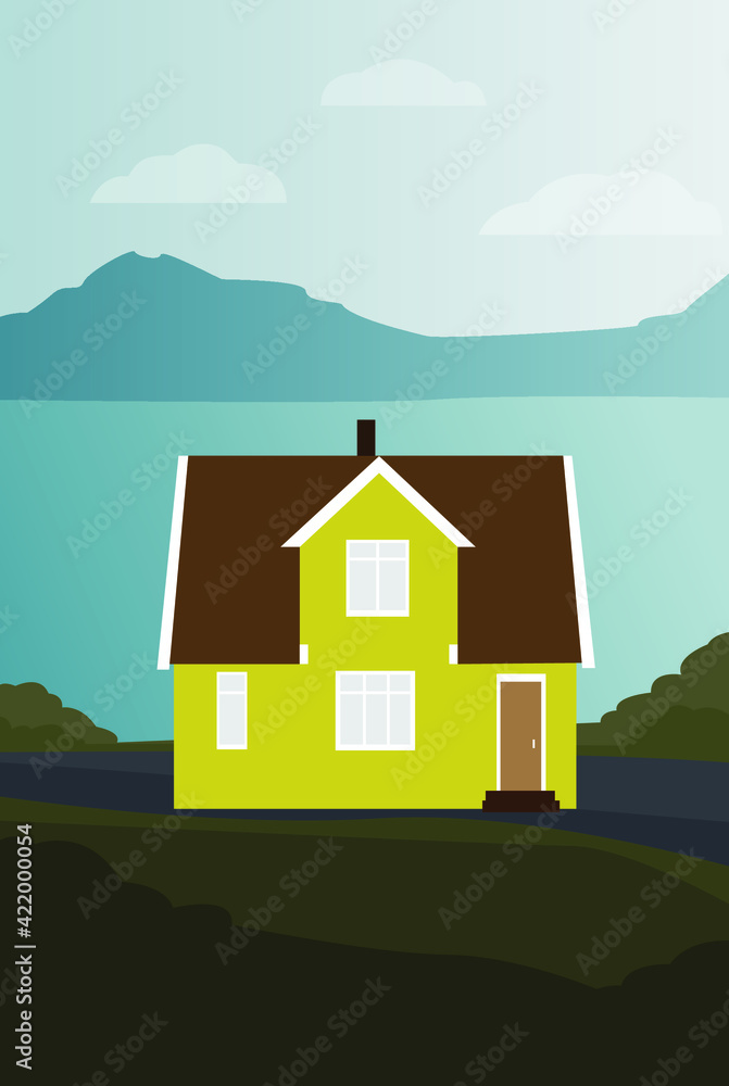 Vector flat illustration of highlands. Yellow house by the lake and mountains. Green lawn with bushes near the house. Design for cards, posters, backgrounds, textiles, templates, banners.