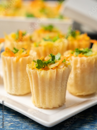 Close up view of Malaysian Peranakan Chinese thin and crispy pastry tart shell appetizer dish or locally known as 