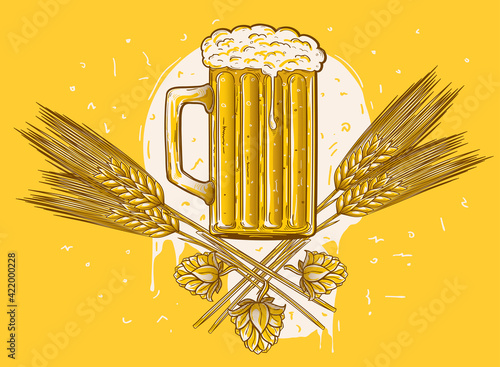  Glass of beer with hops and wheat, drawn brewery decorative emblem