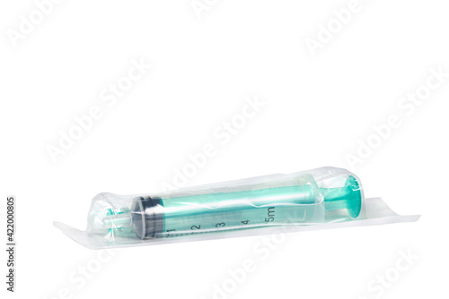 Medical disposable syringe for 5 ml in plastic packaging. Isolated.