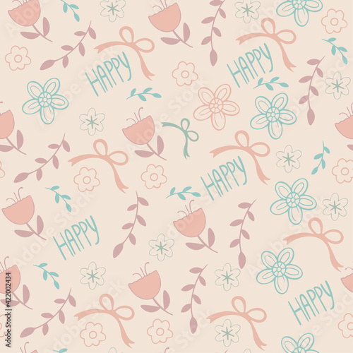 Seamless pattern plants flowers bright happy easter