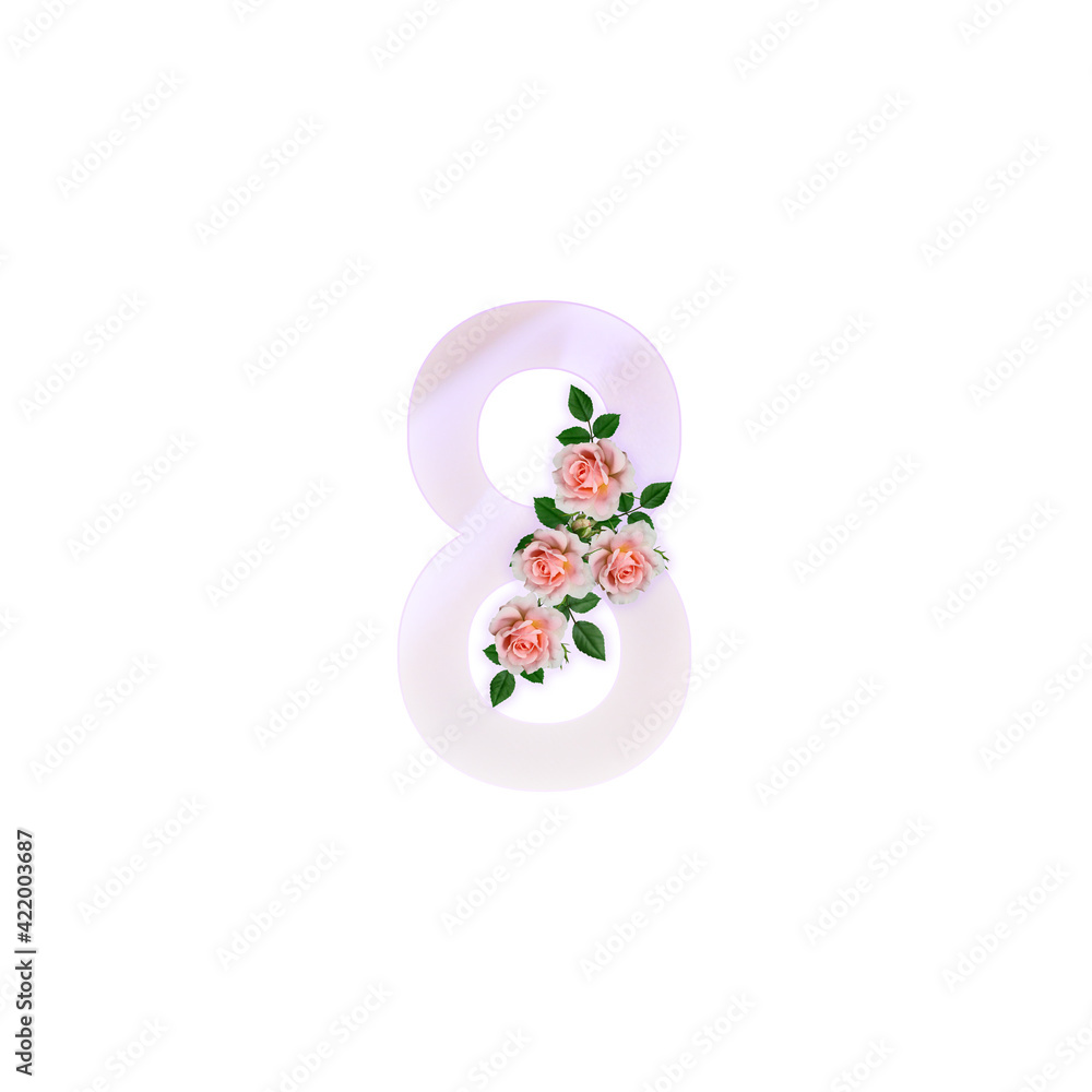 Pastel pink flower number, romantic design element isolated sign, valentine day, celebration alphabet, wedding card part