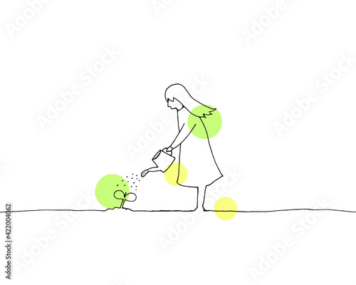 水やりをする少女　手描き線画イラスト