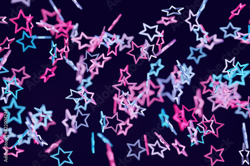 3d illustration of blue, pink star fly on a black background . Shape pattern. Technology geometry background