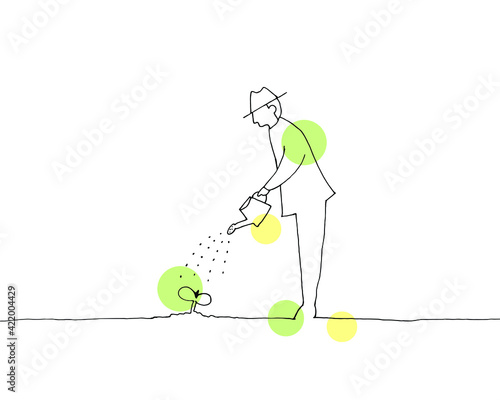 水やりをする男性　手描き線画イラスト