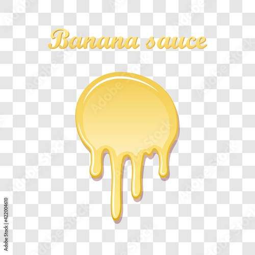 Banana sauce drip 3D. Sweet milk cream, splash drops, isolated white transparent background. Tropical fruit splashing. Realistic syrup design. Jelly drop dessert. Berry dripping. Vector illustration