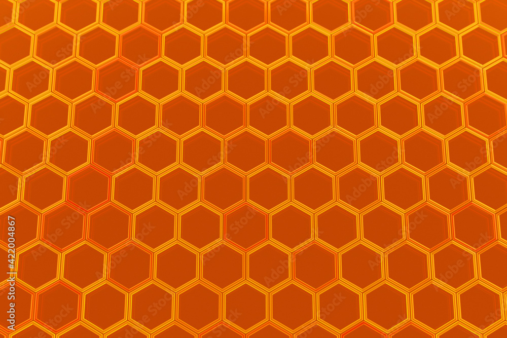 3d illustration of a yellow honeycomb monochrome honeycomb for honey. Pattern of simple geometric hexagonal shapes, mosaic background. Bee honeycomb concept, Beehive