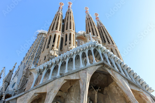 Facade of Sangrada Familia church, bottom view, Barcelona - Spain.