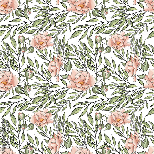 Seamless pattern in nature green style. Vintage rose pattern.  Leaves elements. Used for wallpaper, printing wrapping paper, textiles