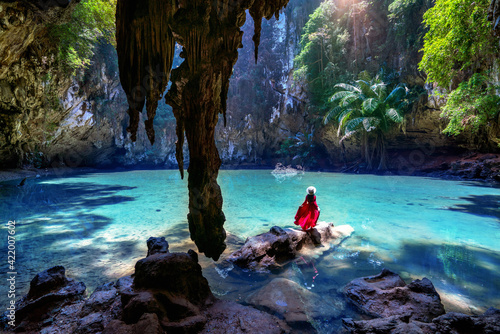 Woman enjoying in princess lagoon at Railay, Krabi in Thailand.