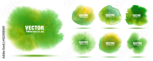 Green abstract hand drawn watercolor background set. Watercolor color splashing on the paper. Vector illustration.