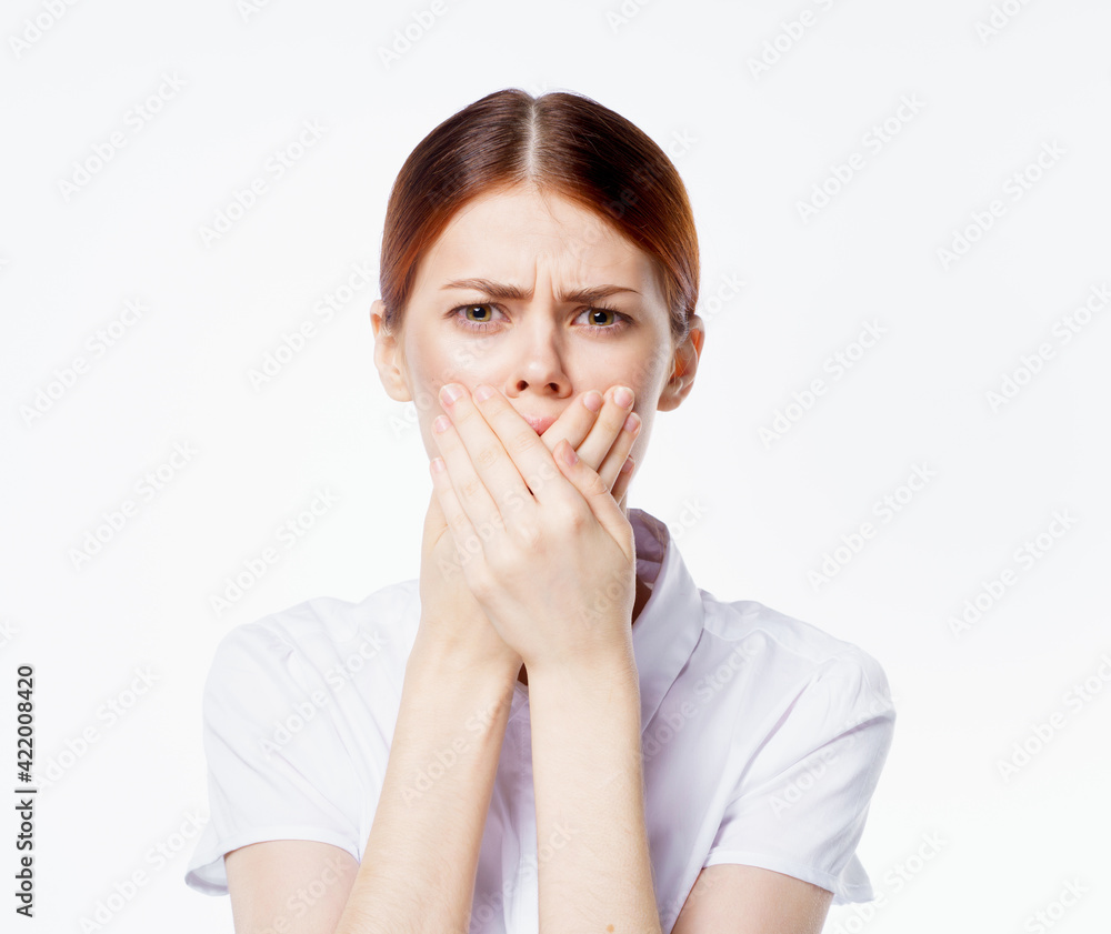 pretty woman gesturing with hands emotion white shirt studio isolated background pretty woman gesturing with hands emotion white shirt studio isolated background