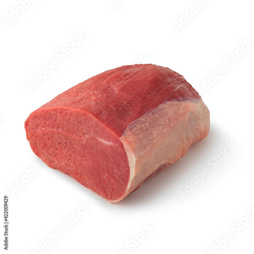 Close-up view of fresh raw Eye of Round Roast Round cut in isolated white background