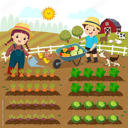 Vector illustration cartoon of girl watering vegetable plants and boy pushing the wheelbarrow of vegetables on the farm.