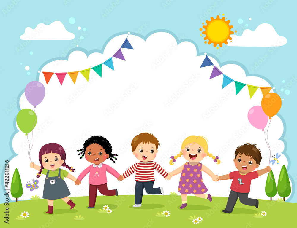 Template for advertising brochure with cartoon of happy kids holding hands on the field.