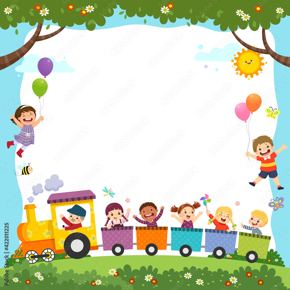 Template for advertising brochure with cartoon of happy kids on the train. Template for advertising brochure with cartoon of happy kids on the train.