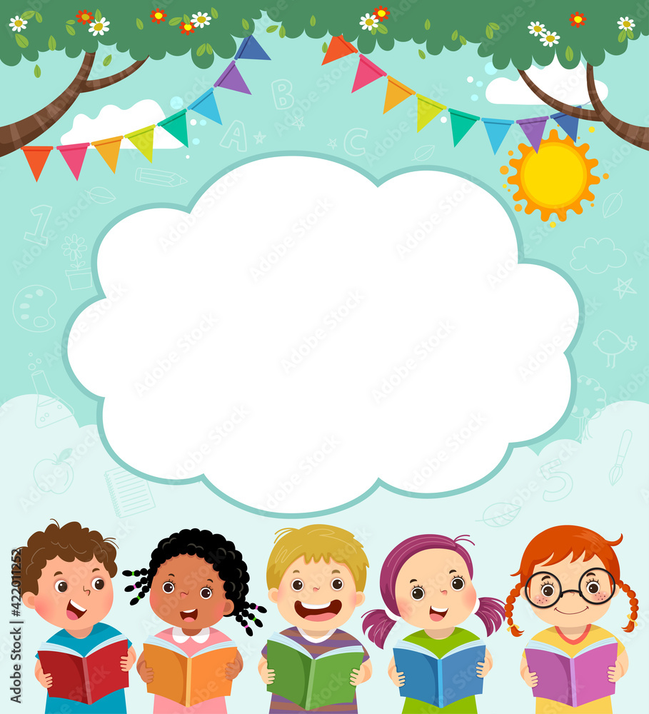 Template for advertising brochure with cartoon of happy children reading book.
