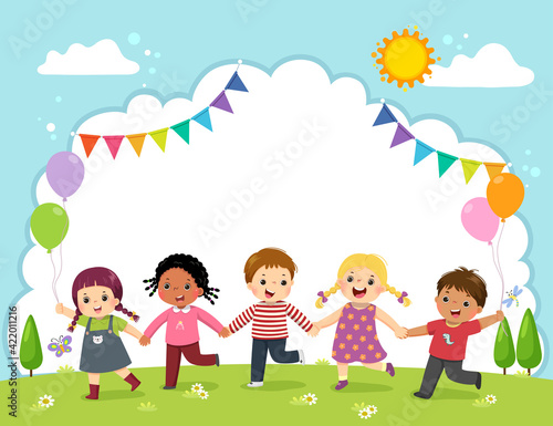 Template for advertising brochure with cartoon of happy kids holding hands on the field.