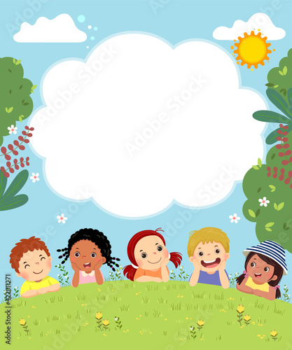 Template for advertising brochure with cartoon of happy kids laying on the grass.