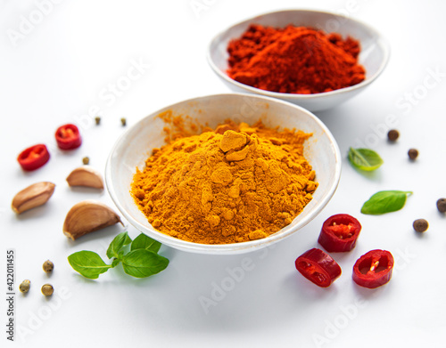 Various spices isolated on white background, top view