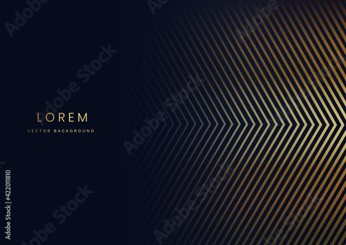 Abstract shiny gold arrow lines pattern on dark blue background luxury concept with space for text.