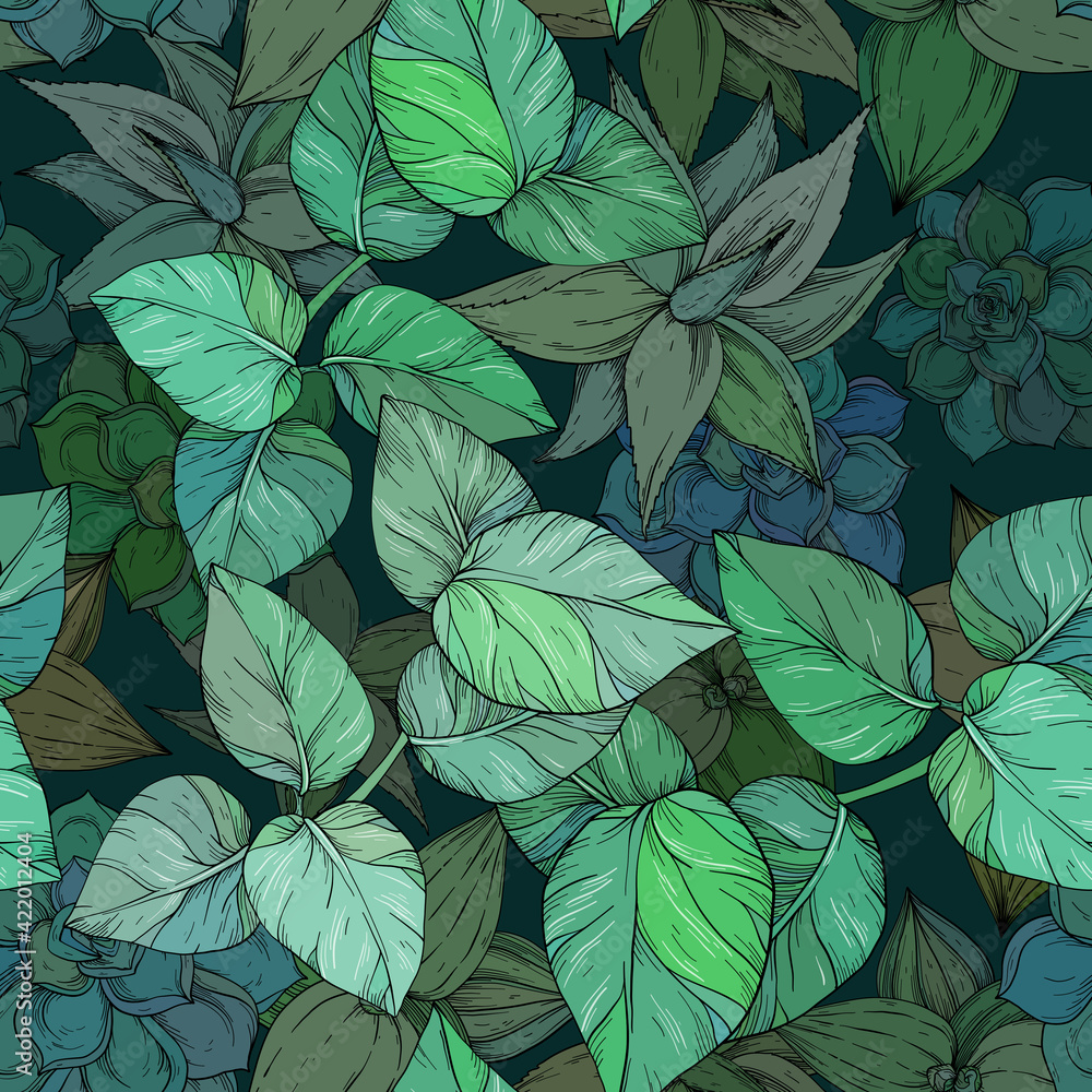 Fototapeta premium Tropical jungle seamless pattern on dark green foliage background,