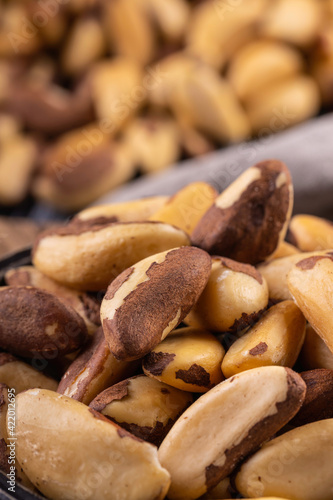 Many delicious Brazil nuts. Brazil nut, healthy food ingredient.