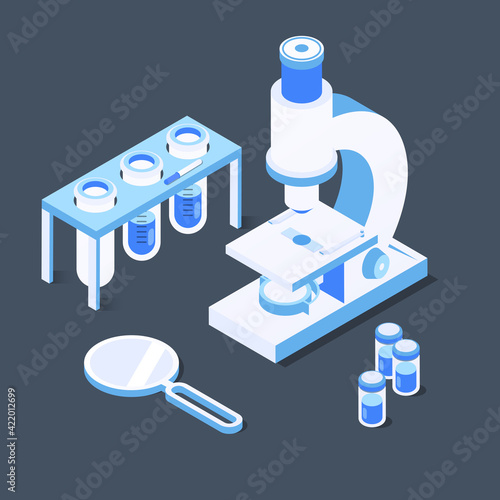 3d set of laboratory elements. Microscope, ampoules, magnifier, test tubes. Vector illustration in modern isometric style.