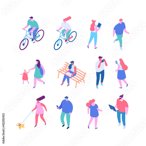 Different isomeric people vector set isolated on white. Male and female characters. People outdoor activities isometric vector set
