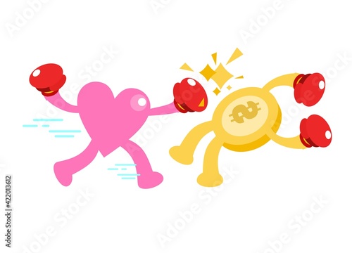 cartoon gold coin money fight boxing with heart love doodle vector illustration flat design style