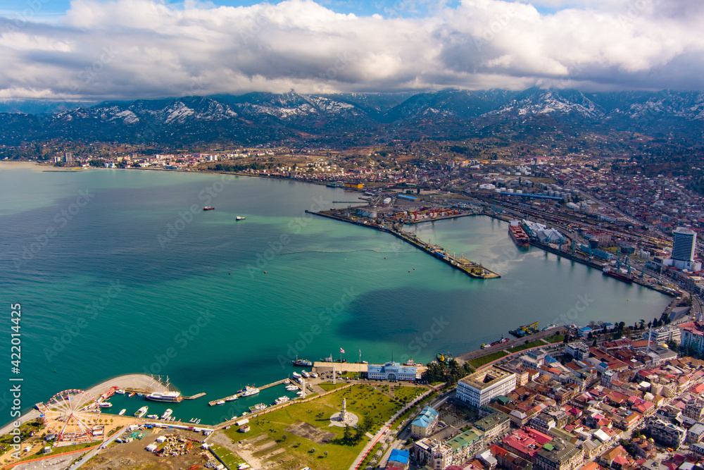 Batumi, Georgia - February 15, 2021: View of the seaport from a drone