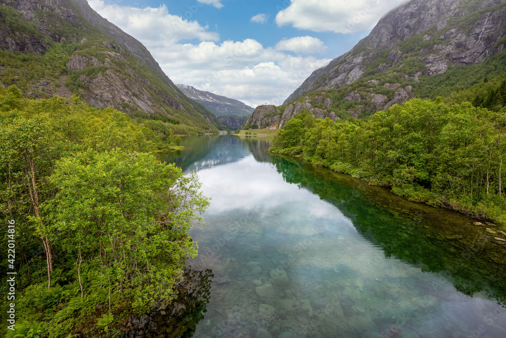 An idyllic green rural landscape scene from the mountains of Norway