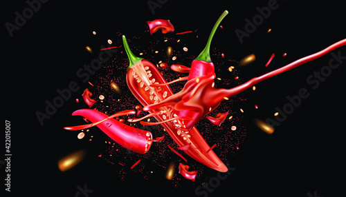 Red chili pepper with chili saucen packaging mock up splashing elements isolated on dark color background, Vector realistic in 3D illustration.