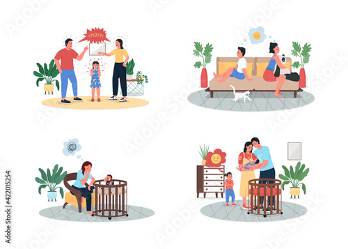 Arguing parents and children flat color vector detailed character set. Angry kid. Mom and dad with baby. Family conflict isolated cartoon illustration for web graphic design and animation collection